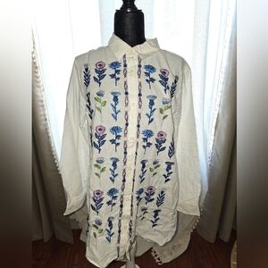 Coldwater Creek White Shirt with Blue and Pink Embroidery New Without Tags L